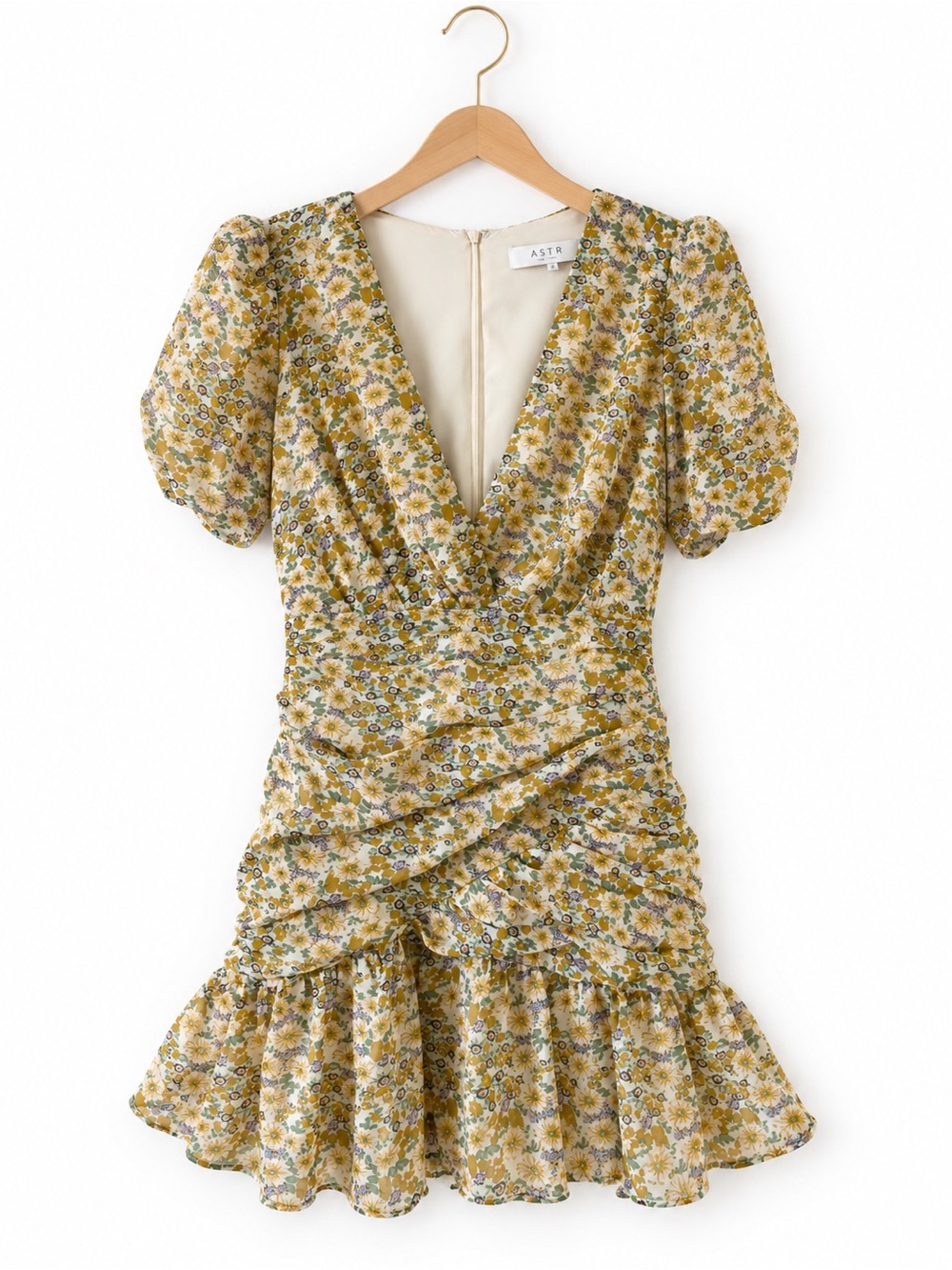 ASTR The Label Lucky Me Floral Ruched Mini Dress Mustard XS